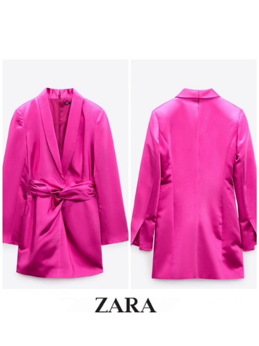 ZARA Fuchsia / Magenta Satin Blazer Front Tie Party Cocktail Mini Dress Sz M